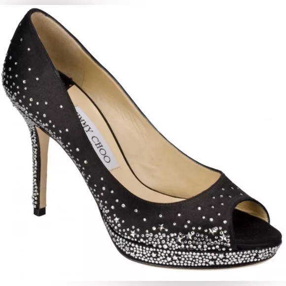 $1385 JIMMY CHOO “THE DALI Swarovski Jewel Platform Satin Peep Heels 37.5 NWT - Picture 3 of 16